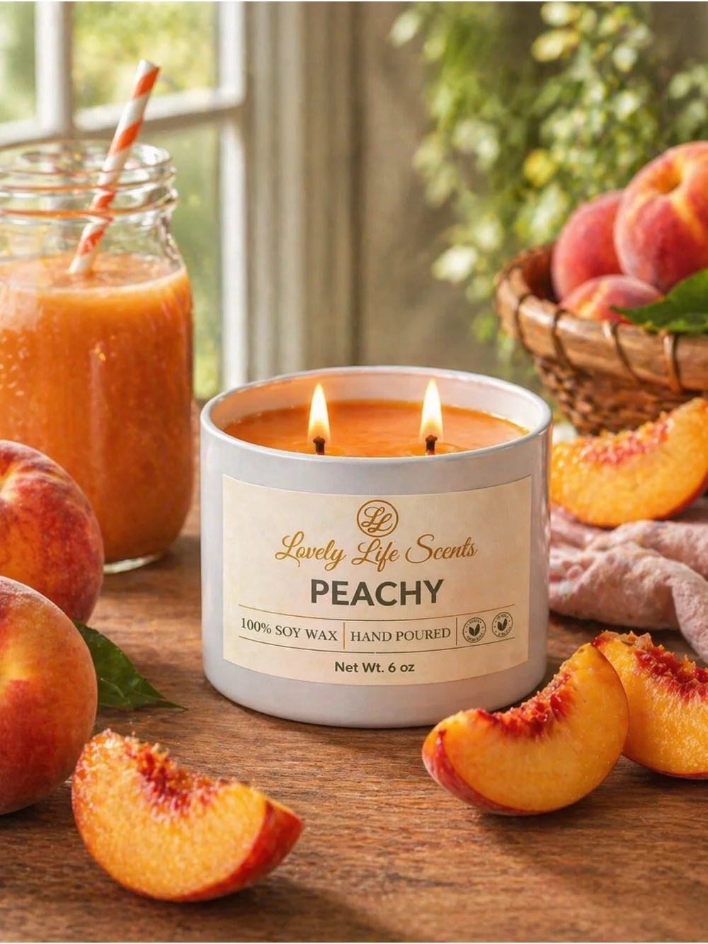 Peachy Double Wick 6oz Premium Soy Wax Candle - a Sweet Peach Nectar Aroma - Picture 2 of 3